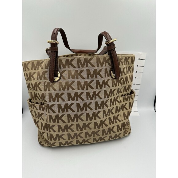 Michael Kors Signature Open Top Tote Center Zip Brown Tones Canvas Lerather Trim - Picture 2 of 8